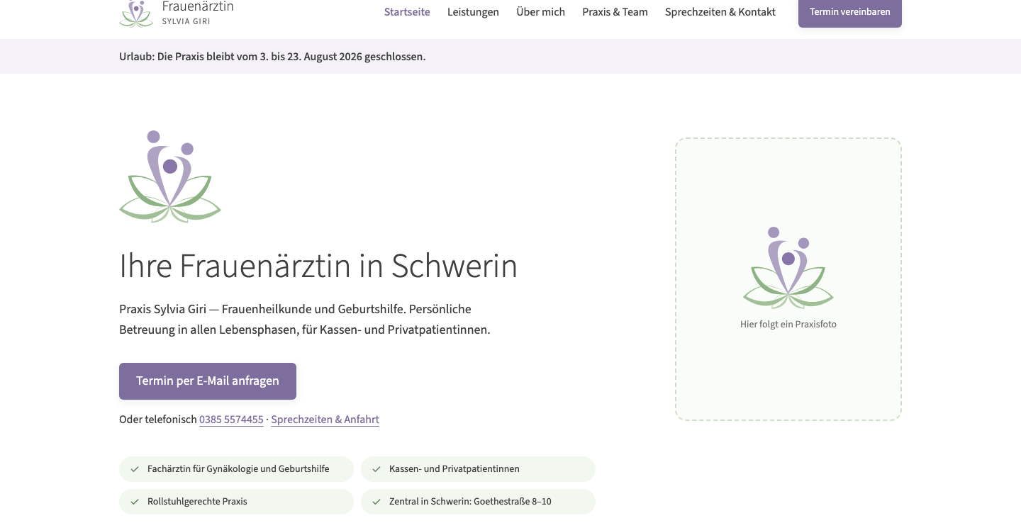 Startseite der Website Frauenarztpraxis Sylvia Giri, Schwerin